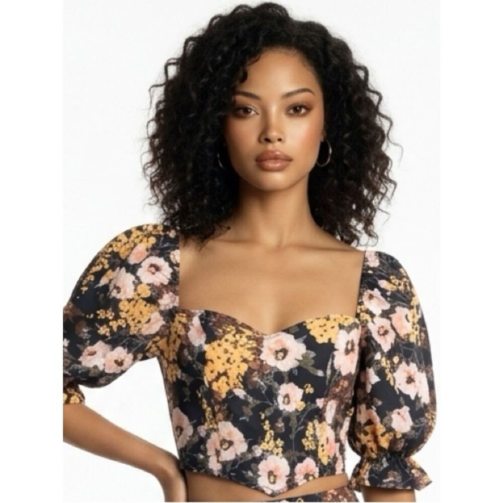BOHO Floral Crop Top Puff Sleeves Smocked Back Romantic Women’s Size X-Large